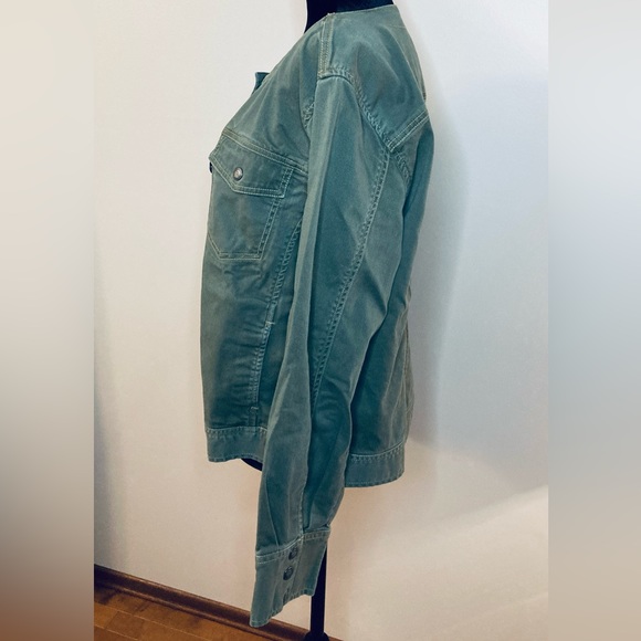 Army Olive Green Denim-Style Shacket Women XL Stretch Buttons Pockets Comfort - Picture 2 of 10